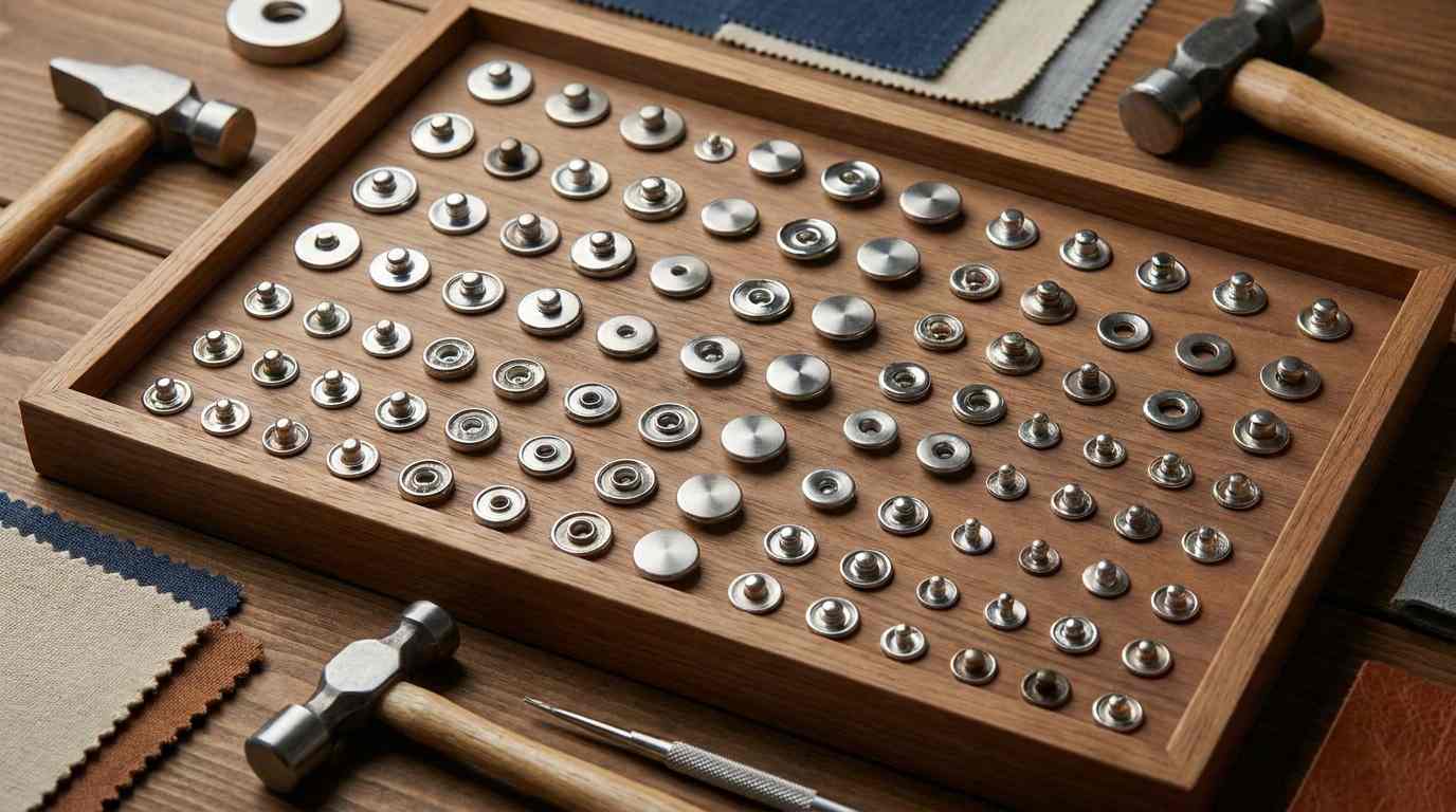white snap buttons, White snap buttons in multiple sizes are arranged in rows inside a wooden tray beside metal setting tools.